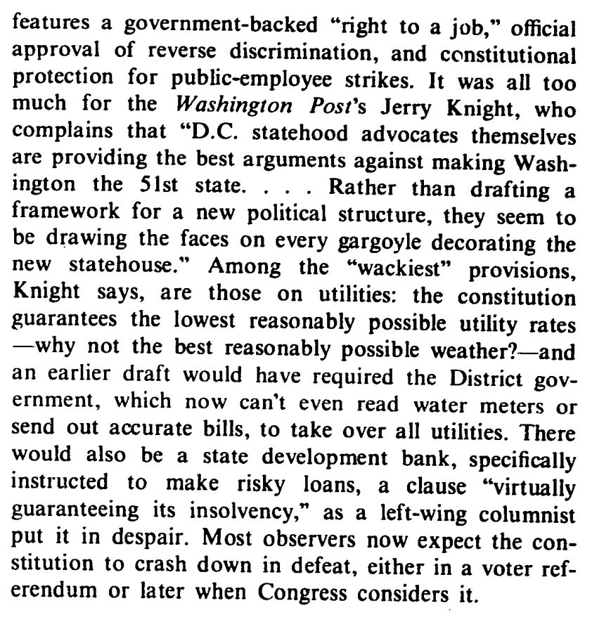 After the convention, an editorial in National Review argued that D.C. would “vie with Haiti and Santa Monica as the worst governed jurisdiction in this hemisphere” and warned the constitution’s affirmative action plank was “official approval of reverse discrimination.”