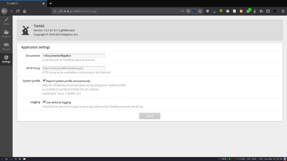 Enock4seth's tweet photo. And now! Super excited running @tilemill on my Arch box for the first time! Thanks to all devs. #Tilemill ๐ #gistribe https://t.co/H2WdFx1E0D