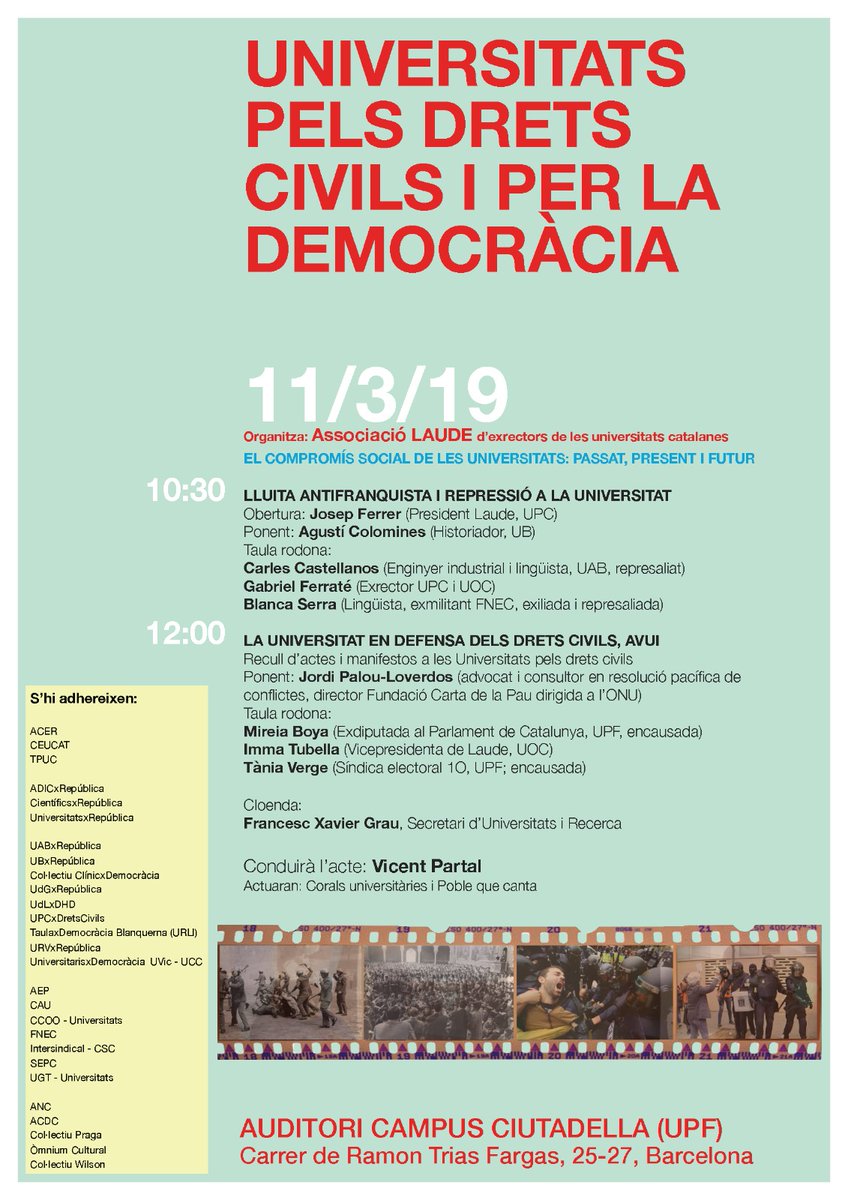 Demà dilluns, a l'auditori campus Ciutadella de la <a href="/UPFBarcelona/">UPF Barcelona</a> tindra lloc l'acte "Universitats pels drets civils i per la democràcia"

No t'ho perdis!