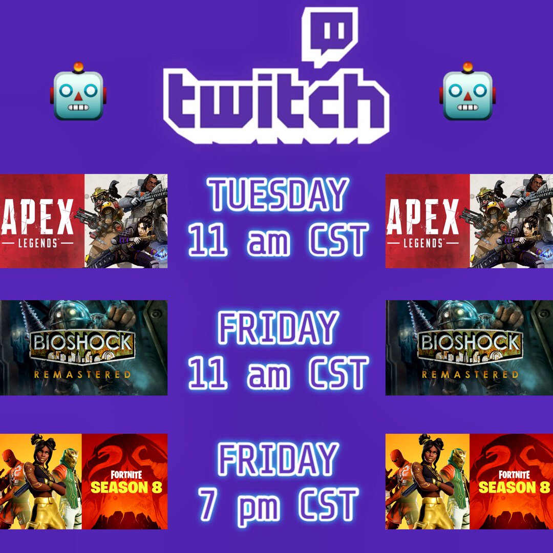 🤖TWITCH SCHEDULE THIS WEEK🤖

✨TUESDAY 11 AM CST
✨FRIDAY 11 AM CST
✨FRIDAY 7 PM CST

🤖twitch.tv/JulesTheRobot
A little different this week cuz my internet is down til Monday &amp; I’m going out of town Saturday! 😓
#twitchgaming #twitchkittens #twitchtv #fortnite #apexlegends