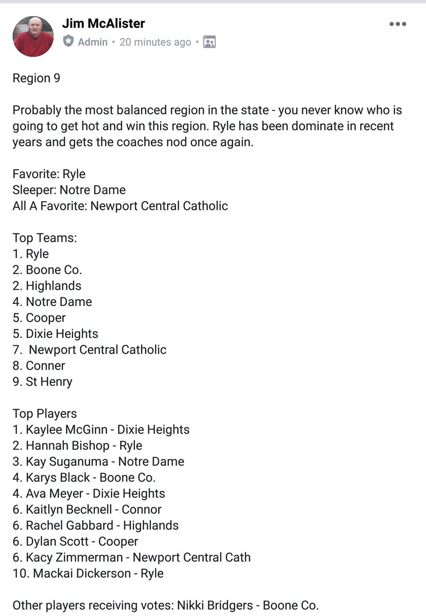 PREP SOFTBALL

The KSCA has released its preseason coaches rankings for the NINTH Region.

Ryle @Ryle_HS voted preseason favorite.

Dixie Heights <a href="/DHHSAthletics/">DHHS Athletics</a> senior C/INF KAYLEE MCGINN voted Ninth Region Preseason Player of the Year.