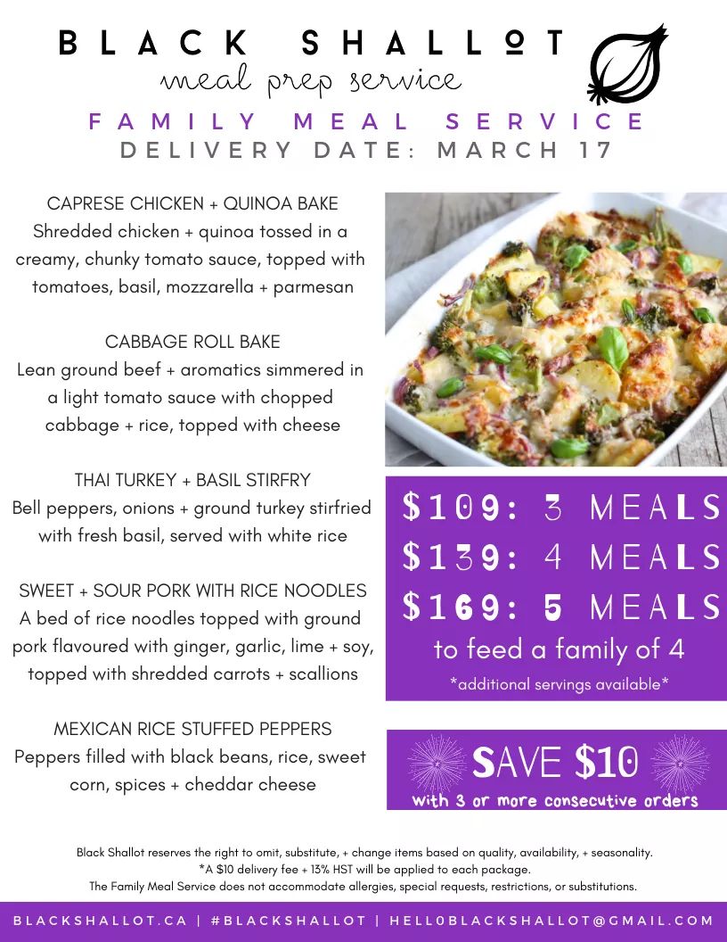 The newest #familymealservicemenu is live? Order by Friday, 2 packages left! #blackshallot #ottawa #mealprep #kidapproved #familyfriendly