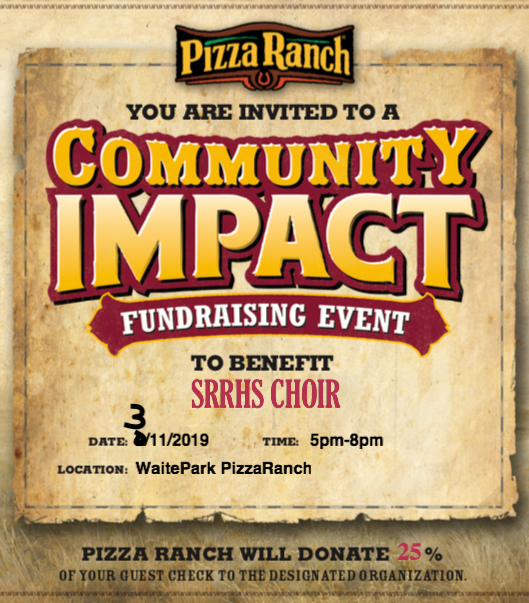 SRRHSCHOIRS's tweet photo. Reminder of our Pizza Ranch Fundraiser from 5-8pm in Waite Park! Come out and support us if you can! https://t.co/oF1OsfQV8E