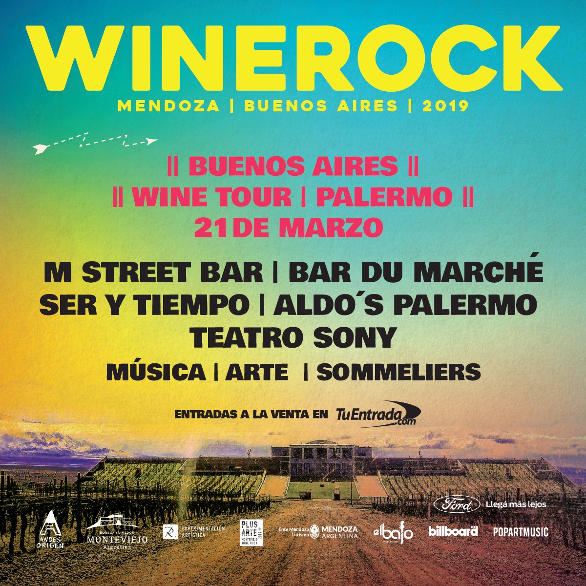 Cuenta regresiva para vivir la experiencia #WineRock en Bs. As!
Música y vinos por estos bares de Palermo: <a href="/bardumarche/">Bar du Marche</a> <a href="/M_StreetBar/">M Street Bar</a>, Ser y Tiempo Bar y <a href="/aldosvinoteca/">Aldo's</a>
¿Cuánto más vas a esperar? ¡Reservá tu lugar! 

Comprá tu entrada tuentrada.com/winerock2019/O…

@Winerock2019