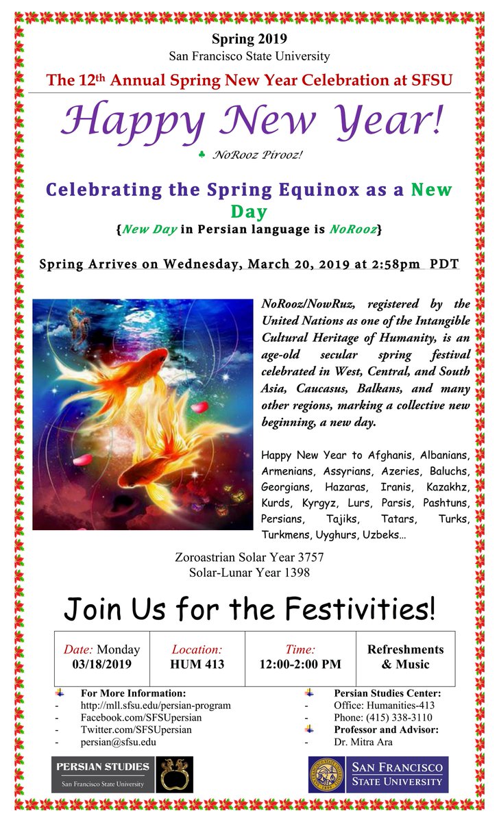 SFSUPersian's tweet photo. Celebrate NoRooz (New Day - Persian New Year) with Persian Studies for our 12th annual Spring Equinox Celebration at SFSU!
#NoRooz #SFSU #sanfranciscostateuniversity #persianstudies https://t.co/lGkoAqJyQg