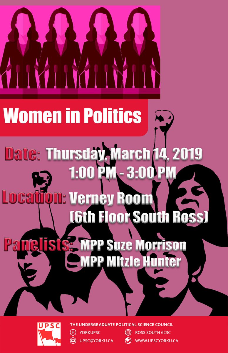 YorkUPSC's tweet photo. Just a friendly reminder about our Women in Politics event this upcoming Thursday with @MitzieHunter and @SuzeMorrison as our panelists! You don't want to miss it! #WomeninPolitics https://t.co/KNUyrplD1s