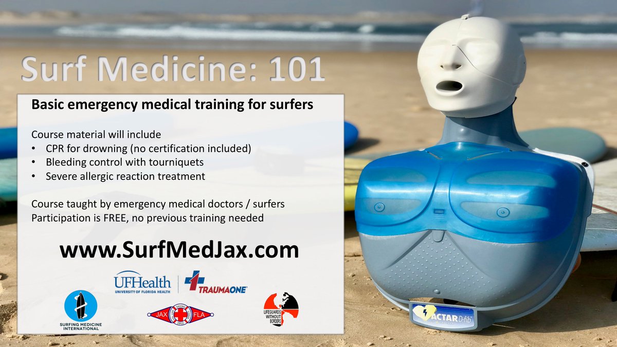 Next <a href="/UFHealthJax/">UF Health Jacksonville</a> / <a href="/UFJaxTrauma/">UFJaxTrauma</a> Surf Medicine: 101 course will be in Jax Beach, FL. on May 4. FREE surfing-focused medical training for non-medical folks. Taught by <a href="/UFHealthJax/">UF Health Jacksonville</a> Emergency Physicians. SurfMedJax.com. <a href="/surfingmed/">Surfing Medicine</a> <a href="/LifeguardsWB/">LifeguardsWO Borders</a>