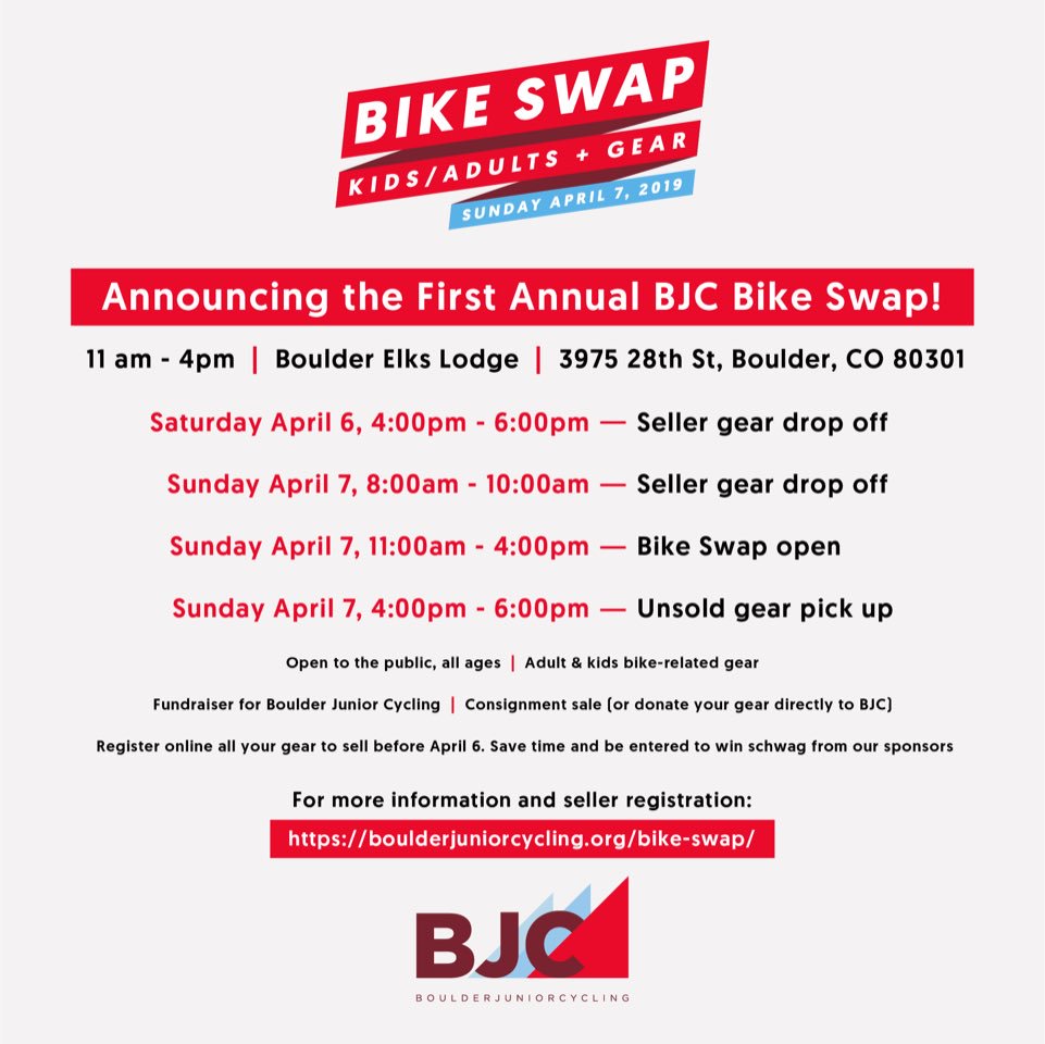 4/7/19 - 11am-4pm - Boulder Elks Lodge. The first annual BJC bike swap.  Check out the schedule for the big day below and follow the link in our profile for more details!