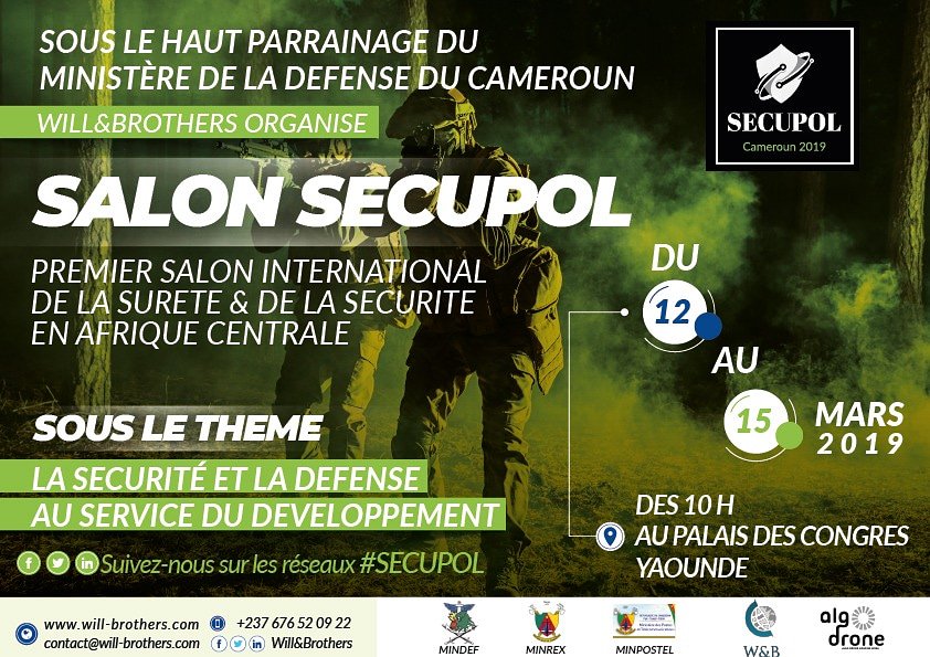 Avec le Haut Accord du Chef de l'Etat, sous le parrainage du Ministère de la Défense <a href="/WillandBrothers/">Will & Brothers</a> organise le 1er salon de la sécurité et de la défense #SECUPOL qui aura lieu du 12 au 15 Mars au Palais des Congrès #Yaounde. 
Entrée libre pour tous.
secupolexpo.com