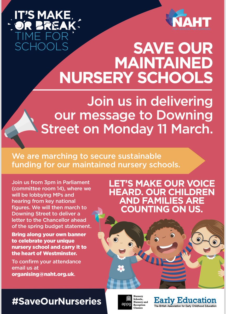 Looks like every maintained nursery school in the country will now be represented at today’s unprecedented rally. Each nursery will have its own banner in a very colourful display of unity nurseryworld.co.uk/nursery-world/…  #saveournurseries
