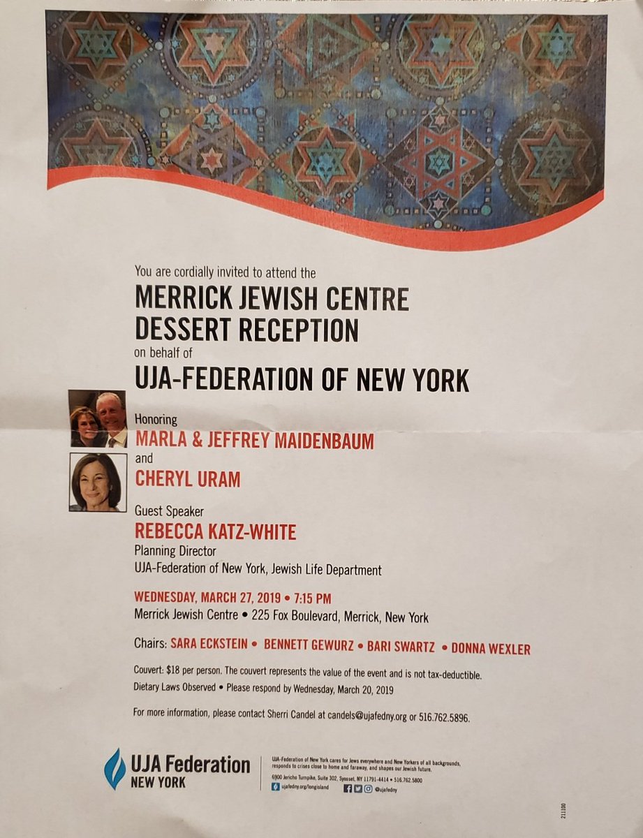 3/27 @ Merrick Jewish Centre : UJA Dessert Reception honoring Cheryl Uram and Marla &amp; Jeffrey Maidenbaum mbjccouncil.org/2019/03/10/3-2…