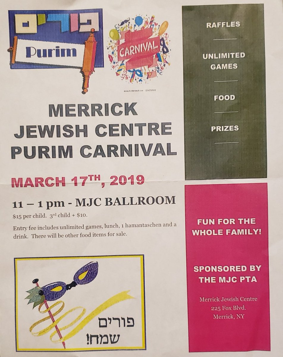 3/17 @ 11 a.m. – 1 p.m.: Purim Carnival at MJC! mbjccouncil.org/2019/03/10/3-1…
