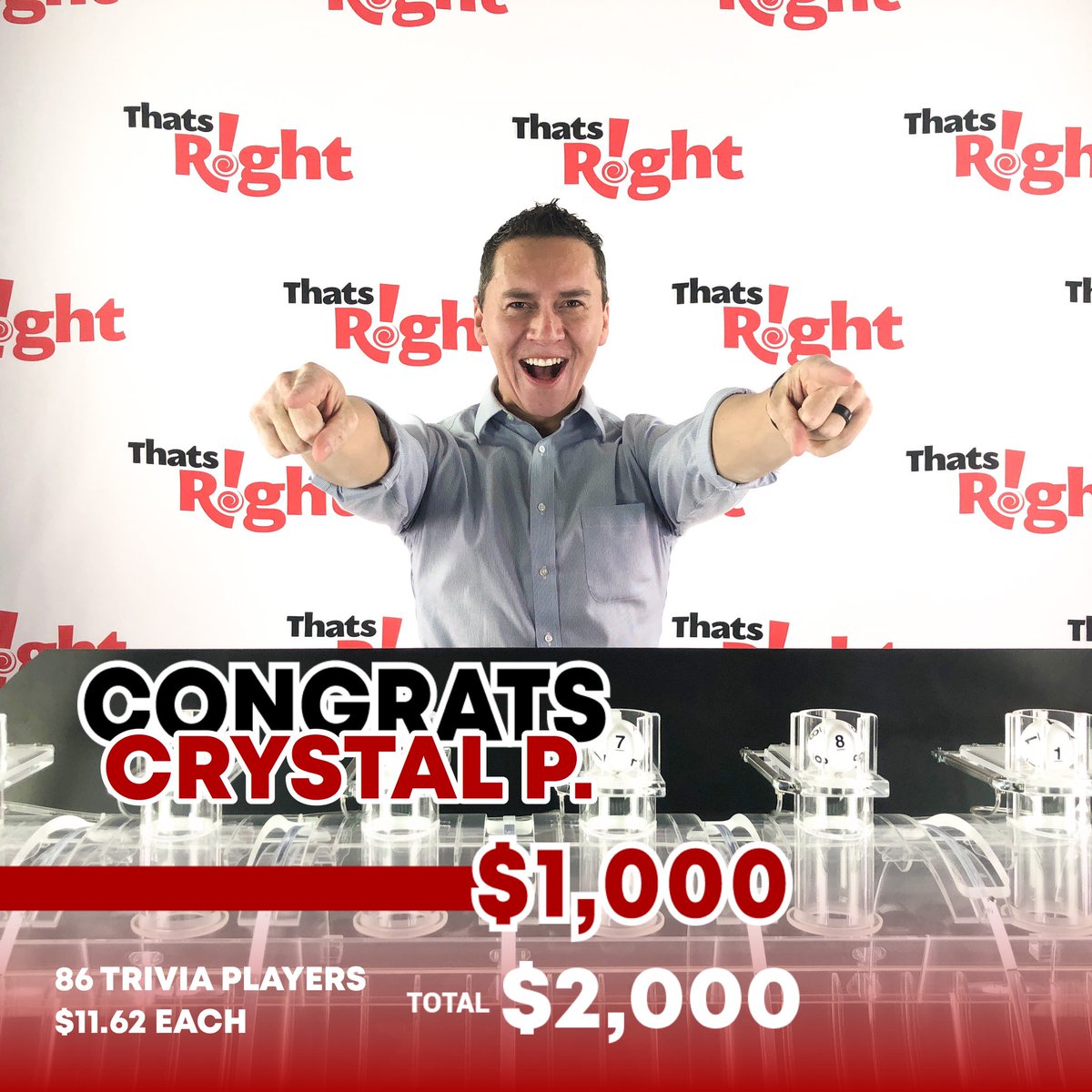 thatsright's tweet image. WE HAVE A WINNER!!! Crystal S. is taking home $1000! Congrats to the 86 trivia players who split the pot and each won $11.62. See you all next time on, ThatsRight!
•
•
#ThatsRight #ThatsRightApp #trivia #gameshow #twochancestowin #rafflewinner #drawingwinner #triviatuesday
