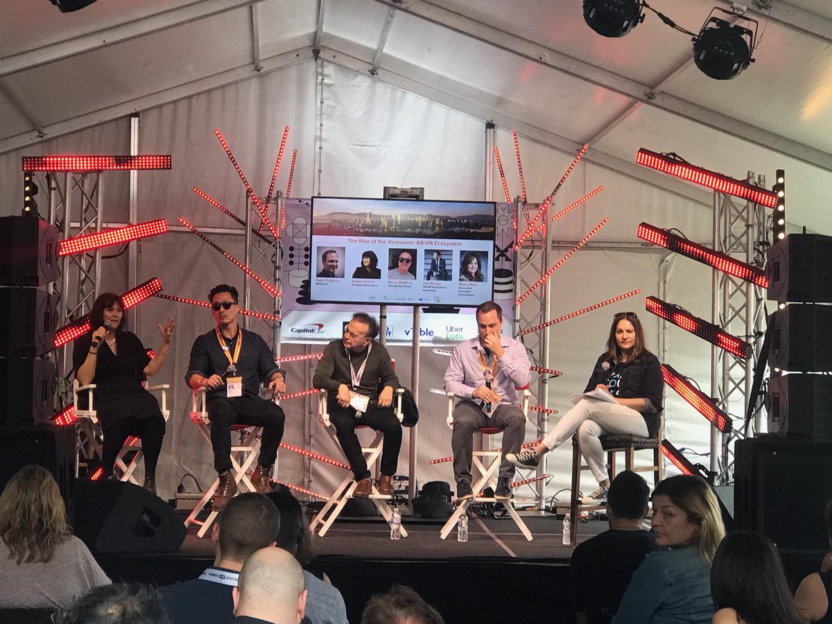 CanadaSXSW's tweet photo. Fascinating talk on how Vancouver became the world's second largest AR/VR hub earlier today at #CanadaHouse. 

📷 Nancy Basi from @VanEconomic, Dan Burger from @thevrara, and @Dina_Santos_ from @CanCGDallas. #sxsw #canadasxsw #vancity https://t.co/JS2RvL7jsR
