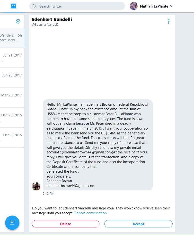 great these spammer scammers are moving to twitter instead of email lol when you get these messages you can always have some fun with them to try to get a free toaster lol https://t.co/jLtxre1pWh 😆😆😆 https://t.co/AfOfcShj5u
