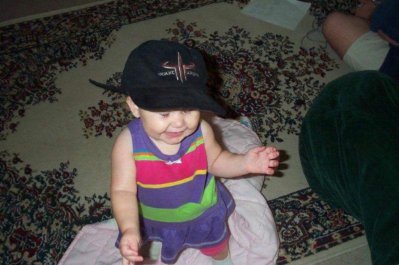 DearMynx's tweet photo. #QuakeBaby the younger, circa 2001, in her dad's #QuakeIIIArena cap. She'll be 19 in about 3 months, and I'm just… how?! I mean I know how, but H O W? https://t.co/QWKd9GhACQ