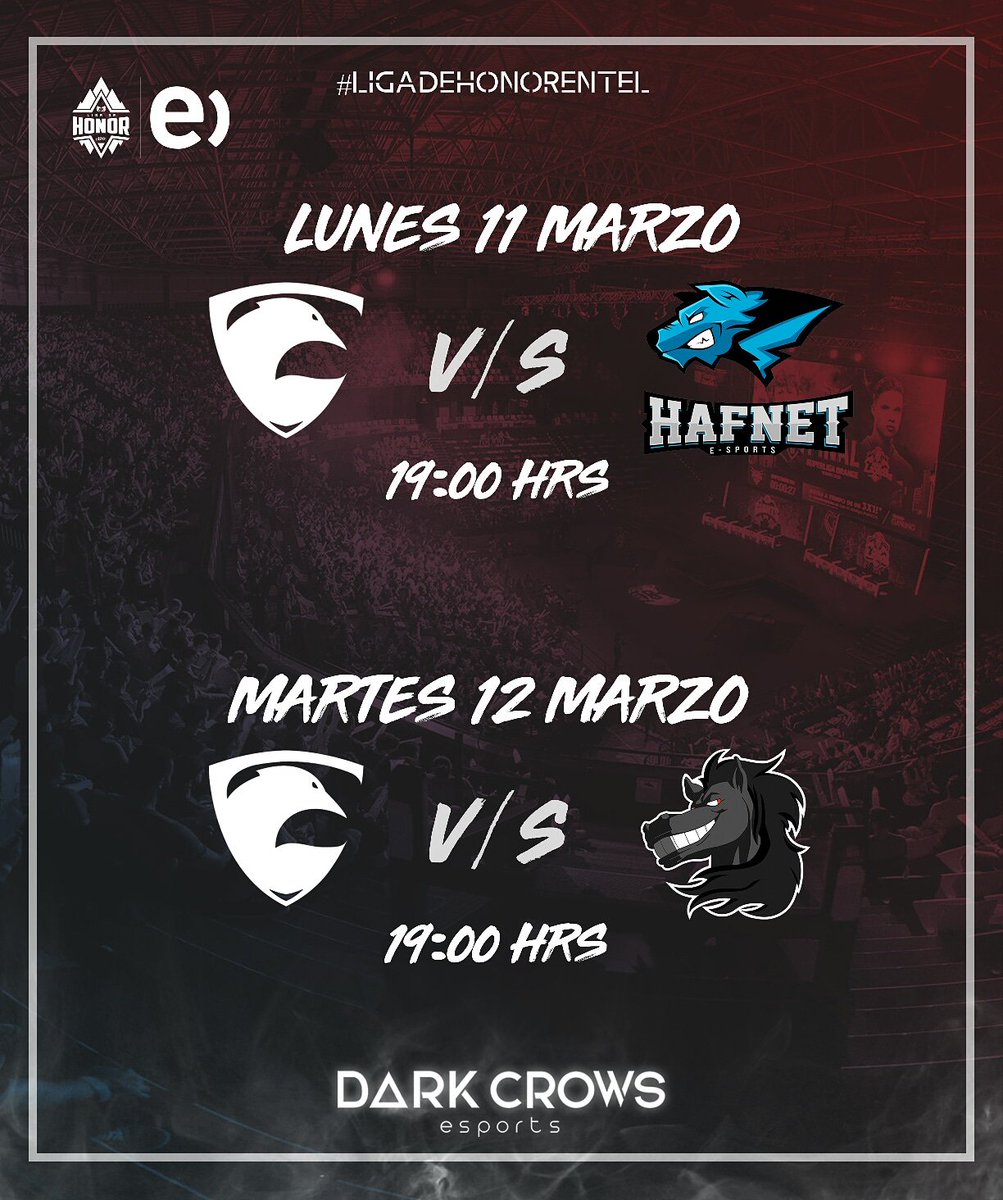 DarkCrowsLoL's tweet photo. ¡ULTIMA SEMANA!🔥
Nos enfrentaremos esta semana para dia lunes a las 19:00hrs contra @HafnetEsports por la fecha supendida y para el dia martes a las 19:00hrs contra @DarkHorseGG por la #LIGADEHONORENTEL @LVPchile
⬇️⬇️⬇️⬇️⬇️
📺 https://t.co/LVXWfPTYhd
📺 https://t.co/Q1tVOC2nKe https://t.co/YjtoK8AJEG