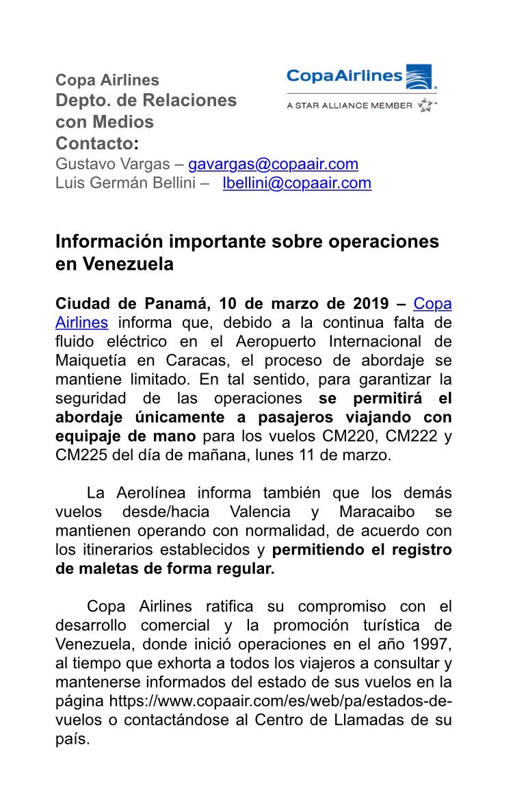 Copa Airlines on Twitter: "IMPORTANTE: Información sobre operaciones pasajeros viajando desde Caracas, Venezuela: https://t.co/PwTZOVtjzB" / Twitter