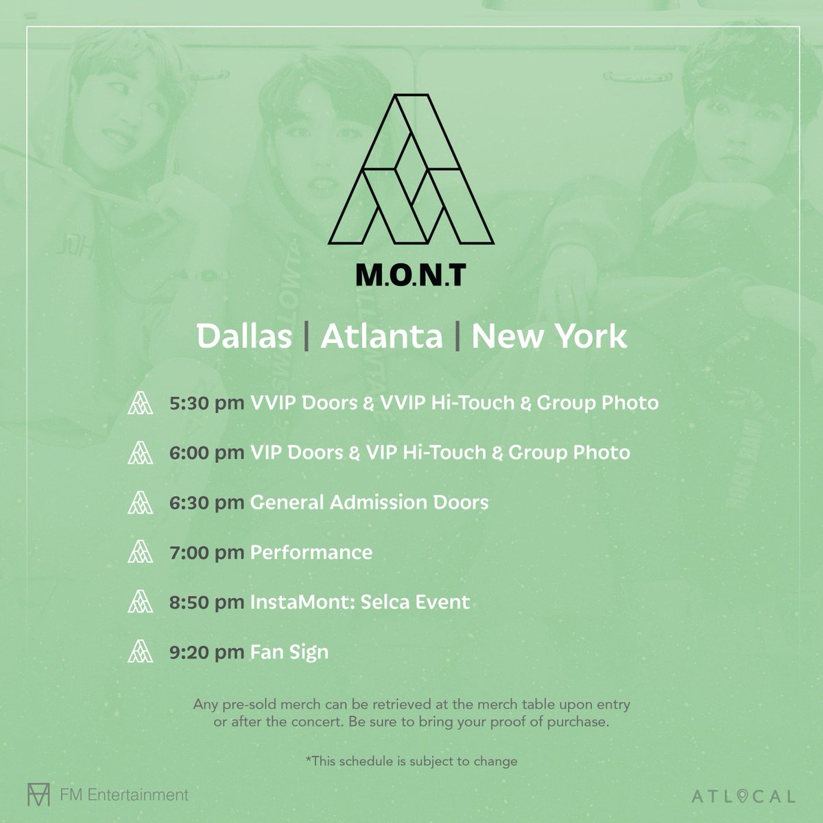 ankr_ent's tweet photo. Hey MINTs! 👋🏼
Check out our event schedule so you don’t miss out on anything! 😉
Get your tickets if you haven’t already! See you all soon ✨
🎫 link: https://t.co/DX5wxqxA6y
#MONTinUS #KPOPinUS #MONTUSTour #KPOPUSTour #ATLocal #ATLocalEntertainment https://t.co/EsaOrrGE3T