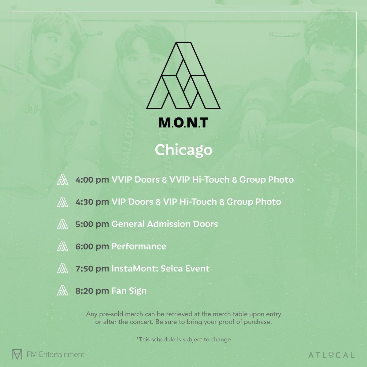 ankr_ent's tweet photo. Hey MINTs! 👋🏼
Check out our event schedule so you don’t miss out on anything! 😉
Get your tickets if you haven’t already! See you all soon ✨
🎫 link: https://t.co/DX5wxqxA6y
#MONTinUS #KPOPinUS #MONTUSTour #KPOPUSTour #ATLocal #ATLocalEntertainment https://t.co/EsaOrrGE3T