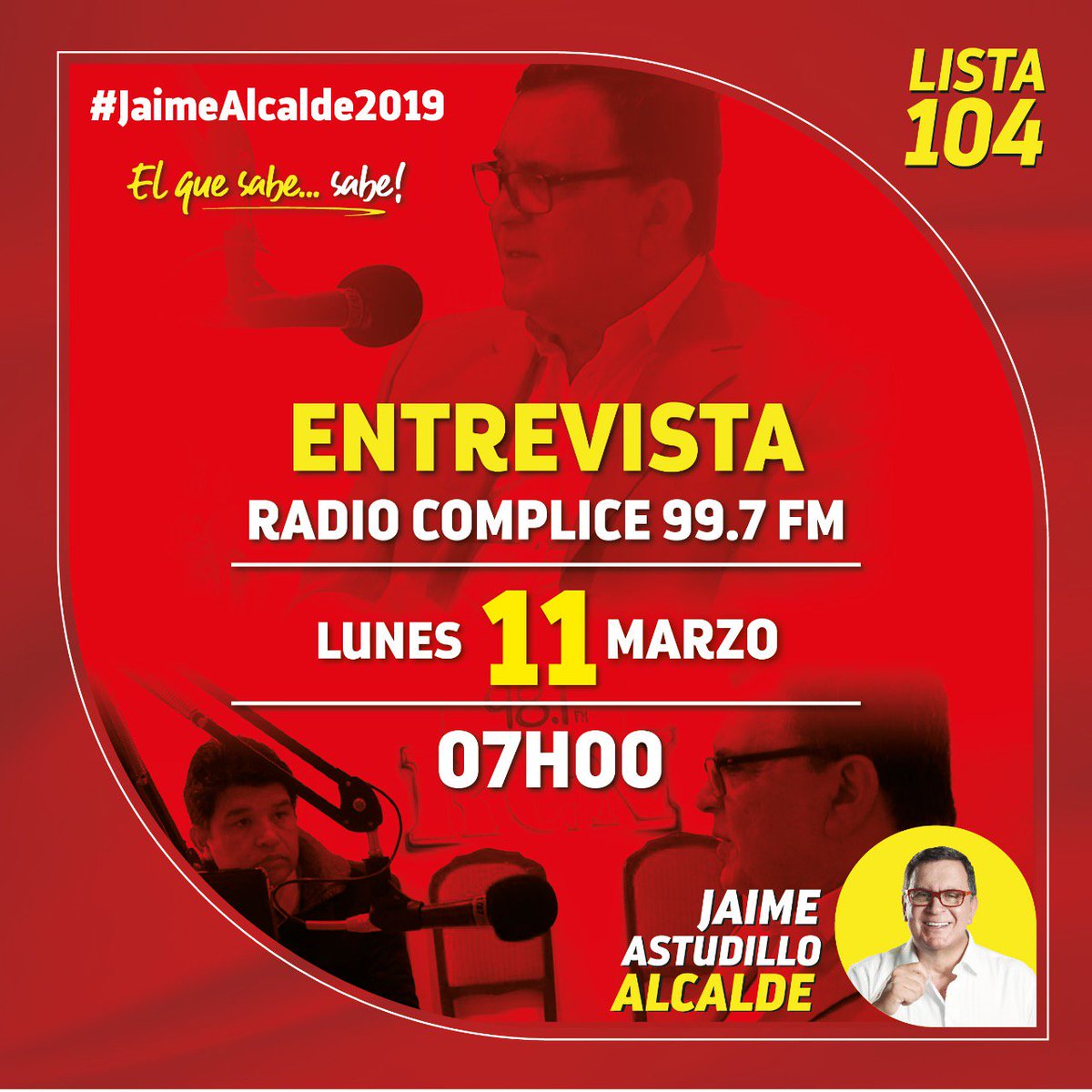 JAstudilloOfi's tweet photo. Hoy Lunes 07:00 estaremos con los amigos de Complice Fm, no te lo pierdas.

#ElQueSabeSabe https://t.co/1LmFi69P7T