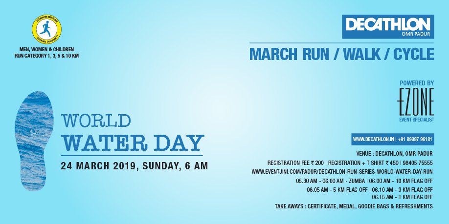 ezone_india's tweet photo. "Do not waste water even if you were at a running stream"
Join us #WorldWaterDayRun at DECATHLON OMR Padur on 24 March 2019,
Run/Walk/Cycle with your family and friends!!!
Register here :https://t.co/vfUalEYYCU
#employeeENGAGEMENT #healthyCOMMUNITY https://t.co/yLviTRr05Z