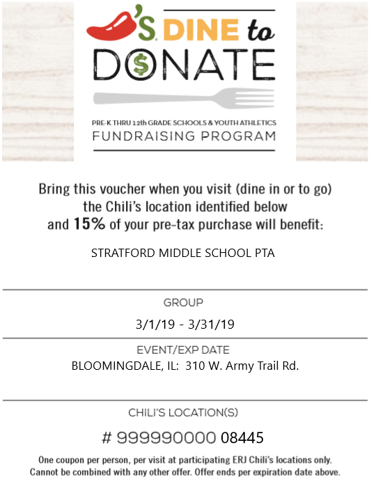 MiddlePta's tweet photo. Please join us during the Month of March for our Month-Long Chilis Fundraiser!  Bring the attached voucher when you visit (Done In or To Go) and the SMS PTA will receive 15% of your purchase. https://t.co/WBgovsCAuo