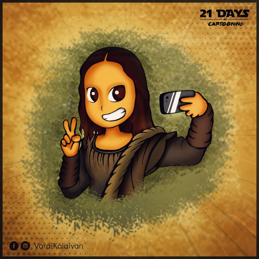 VaraiKalaivan's tweet photo. Sketch #21 of #21DaysOfCartooning 😇
Victory #selfie after completing the challenge! 😅 #Monalisa #Digitalart #challengecompleted https://t.co/HMGDIbT3WK
