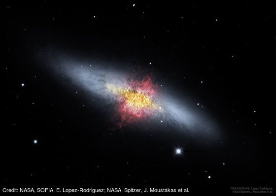 apod's tweet image. The Central Magnetic Field of the Cigar Galaxy: apod.nasa.gov/apod/ap190311.… by @NASA, SOFIA, E. Lopez-Rodriguez; @NASA, Spitzer, J. Moustakas et al.