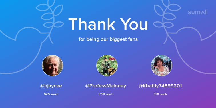 Our biggest fans this week: <a href="/bjaycee/">Blanca Jaycee</a>, @ProfessMaloney, <a href="/Khattiy74899201/">Khattiya Boonmat</a>. Thank you! via sumall.com/thankyou?utm_s…