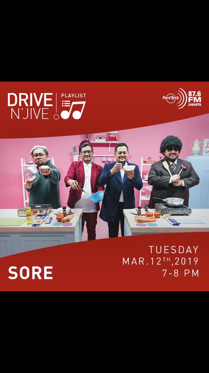 Besok Malam ada <a href="/SOREband/">SORE</a>  di Drive N’ Jive @hardrockfm jam 19.00. #drivenjive #hardrockfm