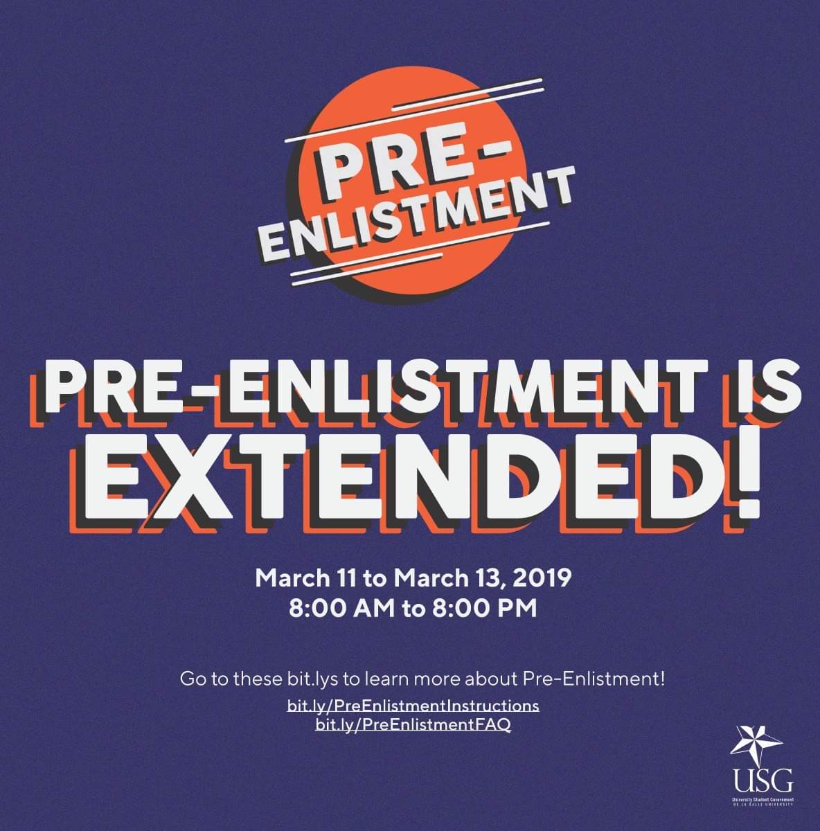 usg_dlsu's tweet photo. [USG ANNOUNCE] 

Hey, Lasallians! 

Pre-enlistment has been extended until March 13, from 8AM to 8PM. 

For more information go to these links: 
https://t.co/TMzwUfwJoS
https://t.co/5tEPMBFFvE https://t.co/DIQn9HUPS5