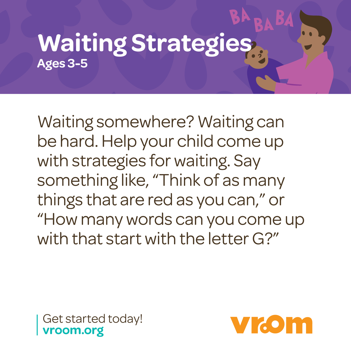 joinvroom's tweet photo. Use this #VroomTip to help your child think of things to do when they have to wait. By helping your child manage their feelings, they're learning to problem solve and control their behavior. #EarlyLearning #ECE #ExecutiveFunction https://t.co/bDpqCpEi67