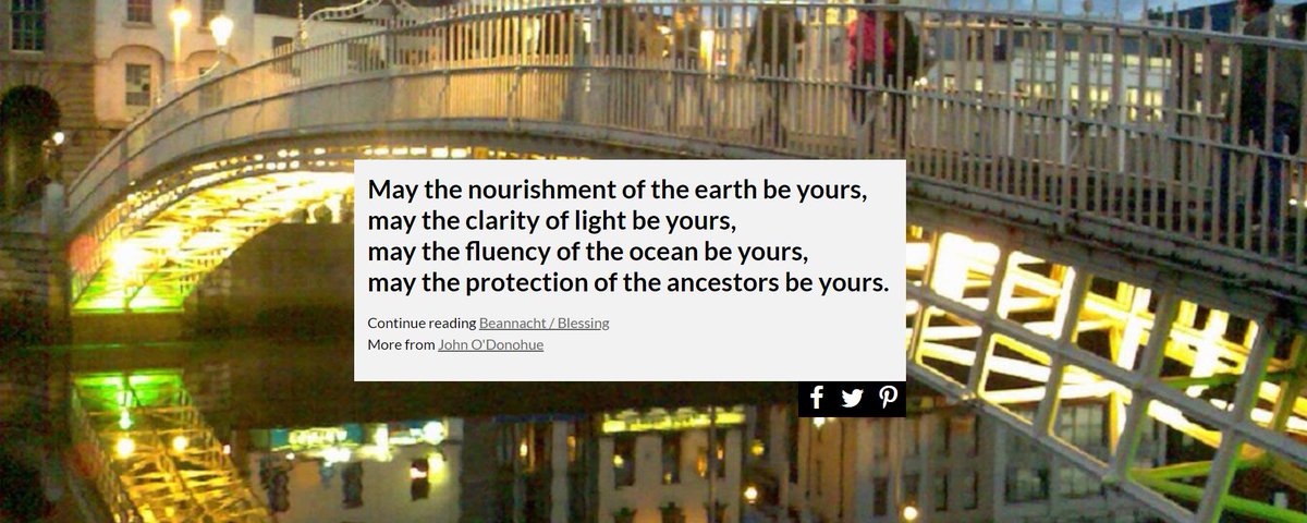 To mark St Patrick's Day on Friday, the Poem of the Week is 'Beannacht / Blessing' by John O'Donohue:

May the nourishment of the earth be yours,
may the clarity of light be yours,
may the fluency of the ocean be yours

Read the entire poem here: scottishpoetrylibrary.org.uk/poem/beannacht…