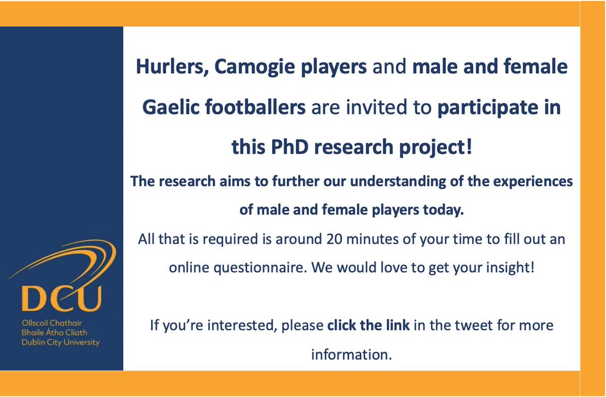 I'm seeking adult male and female GAA players of all levels of participate in my PhD research - click the link for more information! RT 🏐🏑dcusnhs.eu.qualtrics.com/jfe/form/SV_1O…