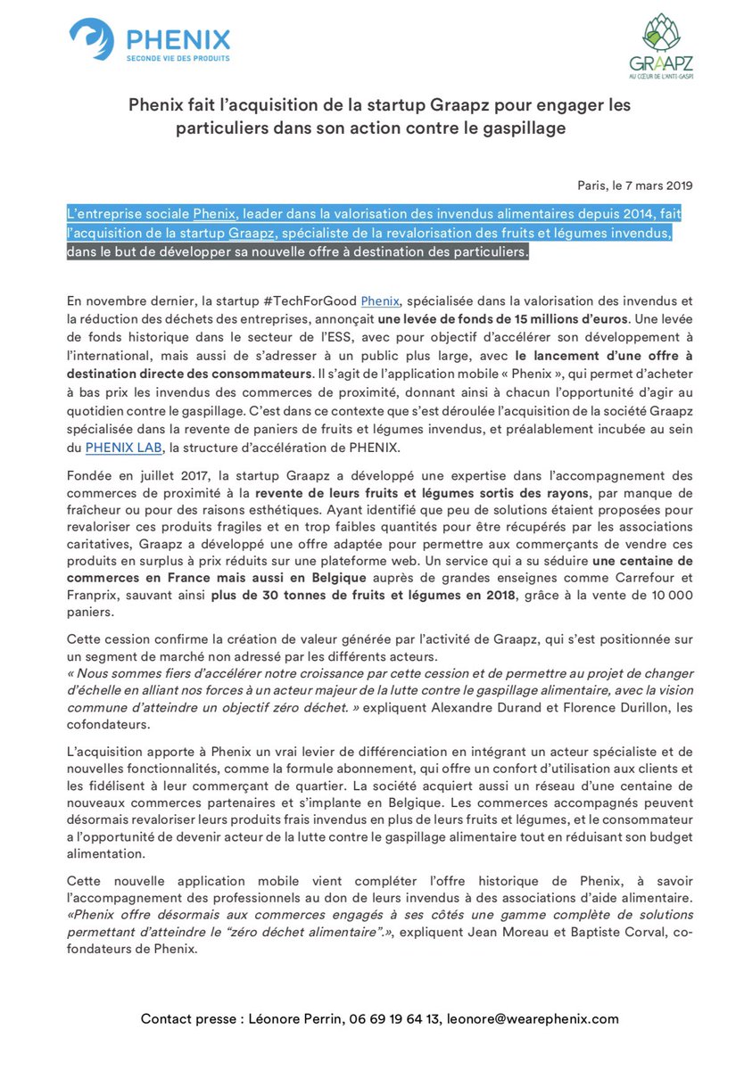 On est ravi de vous annoncer l’acquisition de <a href="/GraapzFr/">Graapz</a> !
Un pas de plus vers notre diversification en #BtoC ! 
C’est d’ailleurs d’aller tester notre app #antigaspi pour midi ! 📲🛒♻️
drive.google.com/a/essec.edu/fi…