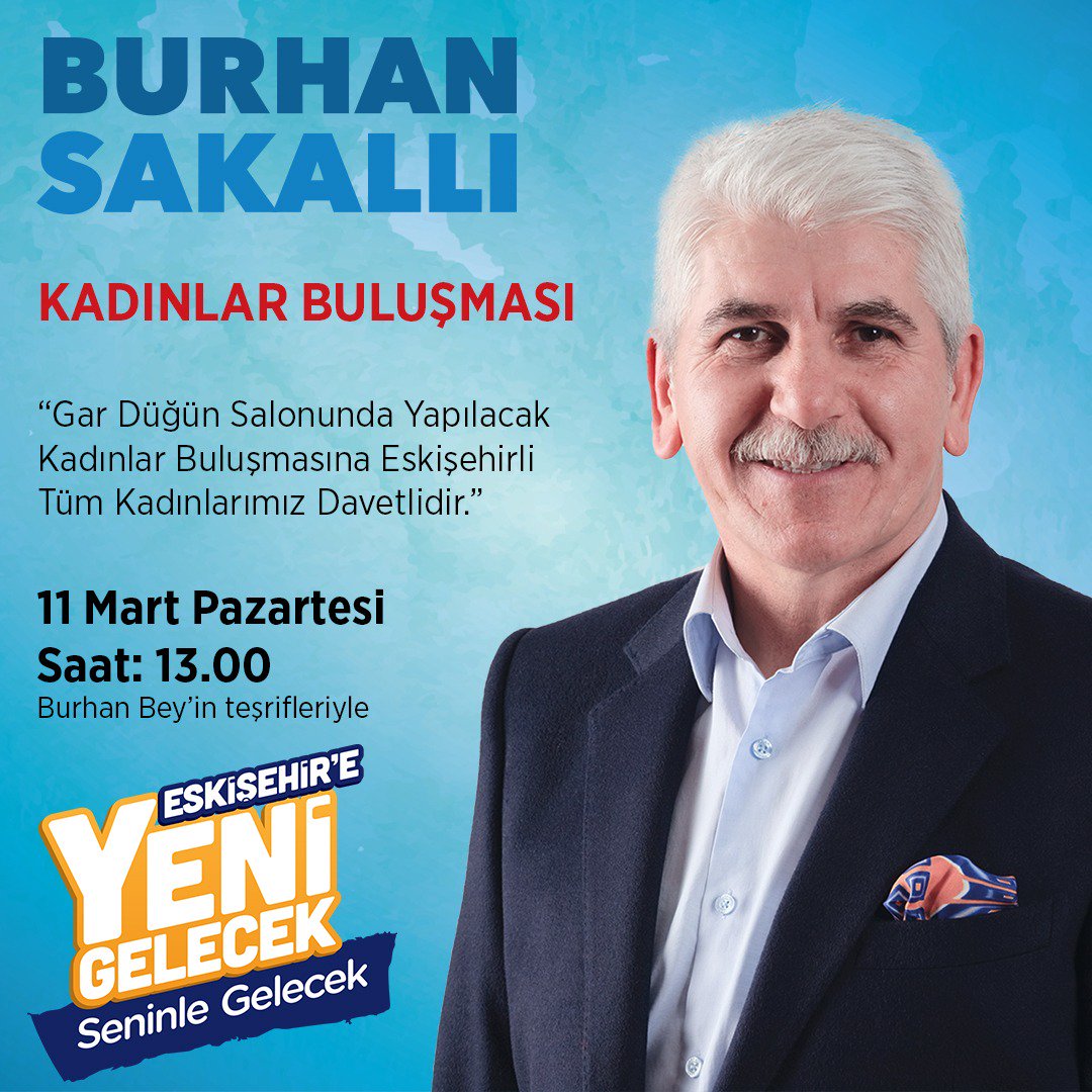 "Gar Düğün salonunda yapılacak olan Kadınlar Buluşmasına Eskişehirli Tüm Kadınlarımız Davetlidir."

📅 11 Mart Pazartesi 
⏰ 13:00
📌 Gar Düğün Salonu