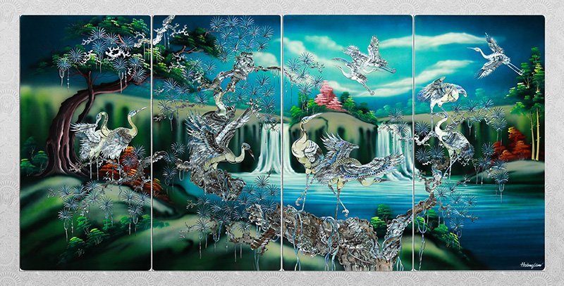 vinalacquerware's tweet image. lacquerware mother of pearl painting four pier Viet Nam.
