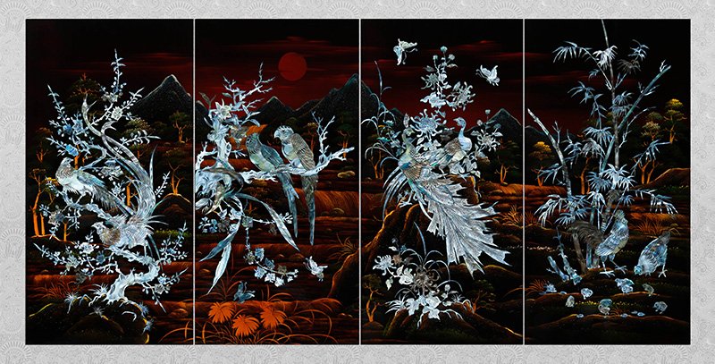 vinalacquerware's tweet image. lacquerware mother of pearl painting four pier Viet Nam.
