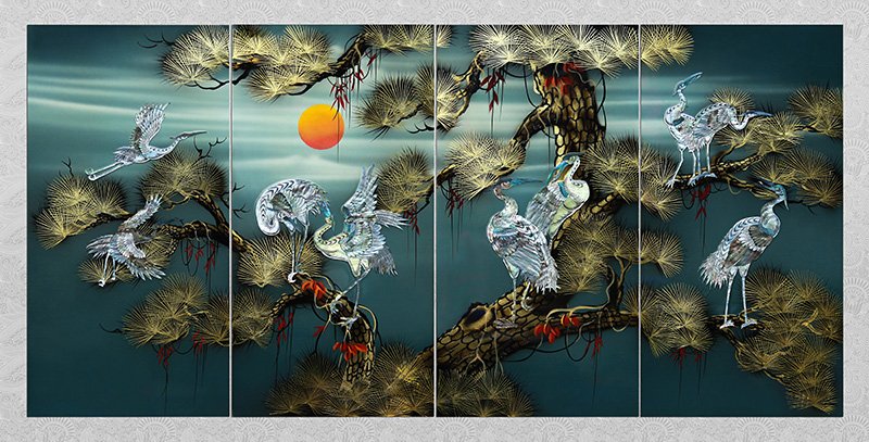 vinalacquerware's tweet image. lacquerware mother of pearl painting four pier Viet Nam.