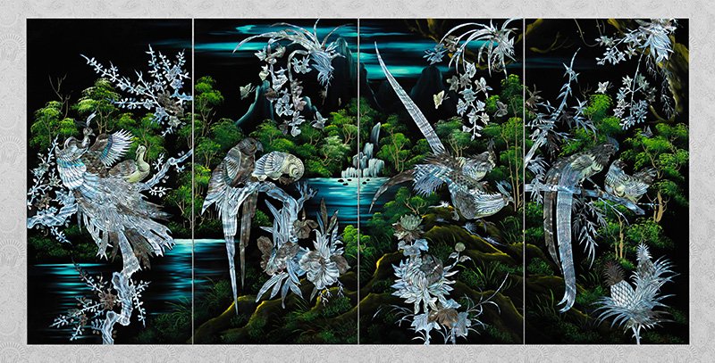 vinalacquerware's tweet image. lacquerware mother of pearl painting four pier Viet Nam.