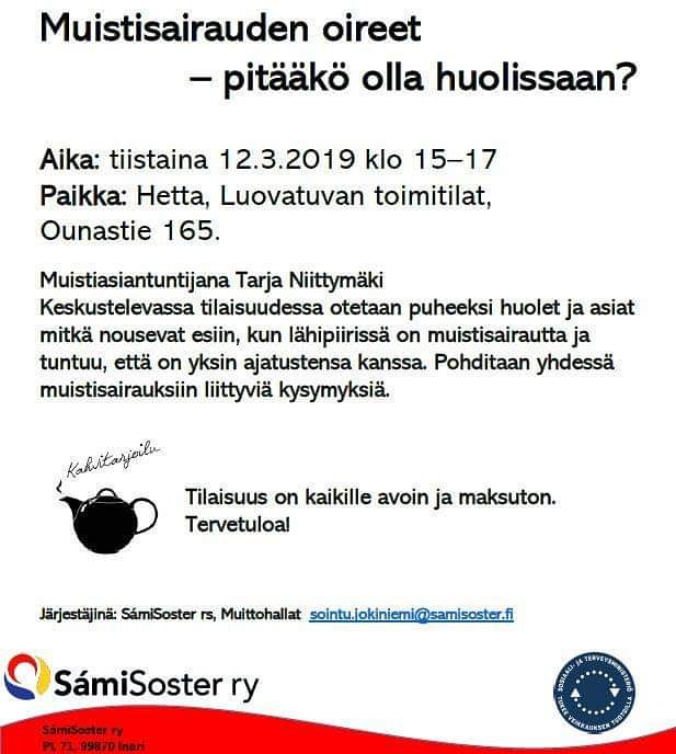 Muistisairaudet - pitääkö olla huolissaan? Kaikille avoin tilaisuus huomenna 12.3. Luovatuvalla, Hetassa.