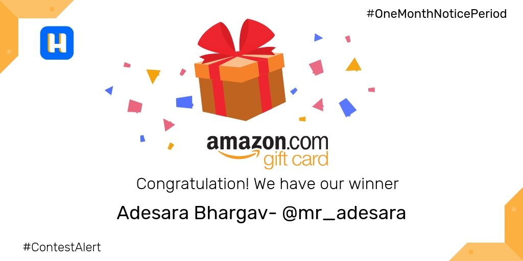 TheHushApp's tweet photo. Announcing winners for #OneMonthNoticePeriod twitter contest! Congratulations @mr_adesara! Thank you for your staggering participation! An amazon gift card on your way!
#hush #ContestAlert #onemonthnoticeperiod #Announcement #WINNER #AmazonGiveaway https://t.co/Qh7CramYvu