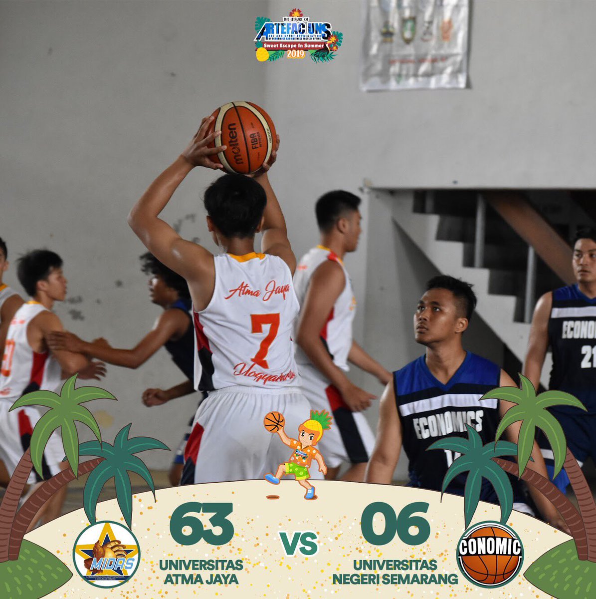 artefacuns's tweet photo. [DAY 3]

BASKET COMPETITION🏀

Full Time
UNIVERSITAS ATMA JAYA YOGYAKARTA (63) - (06) UNIVERSITAS NEGERI SEMARANG

Category: UNIV. 
📍 GOR UNS, Surakarta

Man of The Match:
Gunawan Saputra - Univ. Atma Jaya

#BASKETCOMPETITION
#ARTEFACUNS2019
#LAHIRDANBESAR
#SWEETESCAPEINSUMMER https://t.co/6VvPqdCWDC