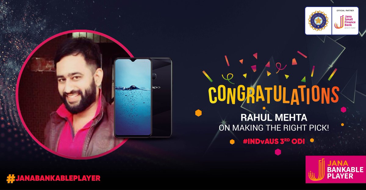 janabankable's tweet photo. Congratulations, @rahul_57m on winning yourself a new smartphone for rightly voting for Adam Zampa as the #JanaBankablePlayer in the 3rd #INDvAUS #ODI. https://t.co/2TcFTOtz2u