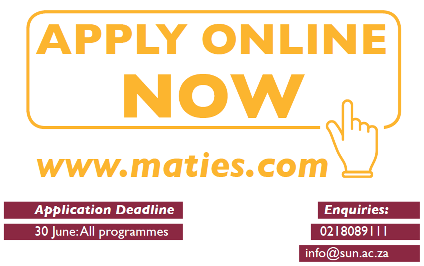 [#ApplyNow]

Applications to study at Stellenbosch University in 2020 are now open at maties.com.

For more information of assistance please contact 0218089111 / info@sun.ac.za or chat with us online (maties.com &gt; Let's Talk feature).