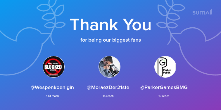 Our biggest fans this week: <a href="/Wespenkoenigin/">Wespe^¬^</a>, <a href="/MoraezDer21ste/">Mo🍀🚬</a>, @ParkerGamesBMG. Thank you! via sumall.com/thankyou?utm_s…