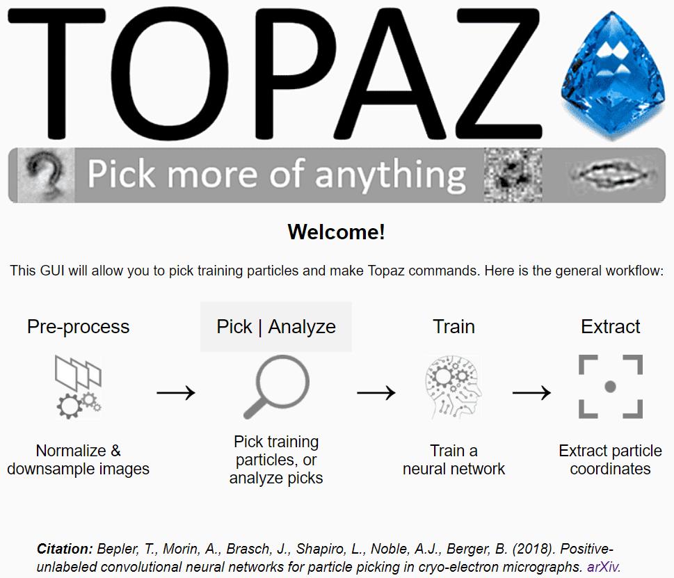 We release a Topaz GUI and several updates: github.com/tbepler/topaz Topaz is a novel deep learning particle picker that can pick any shape &amp; size particle, e.g. all orientations of the particles in the logo. The GUI works on modern web browsers; test here: emgweb.nysbc.org/topaz.html