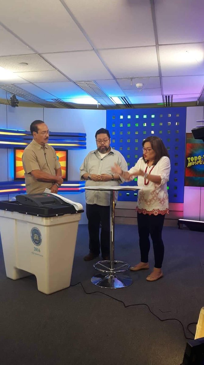 COMELEC's tweet photo. On to the third #NLE2019 #VCMDemo of the day! The COMELEC Education and Information Department, with Spox and Dir. James Jimenez @jabjimenez, this afternoon conducted a #VoterEd demo using the VCM at @DZMMTeleRadyo’s #TodoTodoWalangPreno. Email us to request for your own demo! https://t.co/FSplskINKW