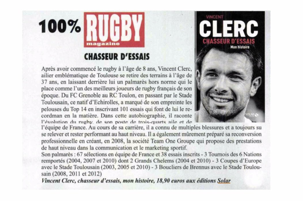 AuziasLaure's tweet photo. Cf. Le Rugby magazine, mars 2019 // Livre « Chasseur d’essais » Vincent Clerc avec Gilles Navarro, éditions Solar. @VincentClerc #gillesnavarro #rugby #editionssolar @SOLAReditions ✨ https://t.co/pV6bbEW2Ep